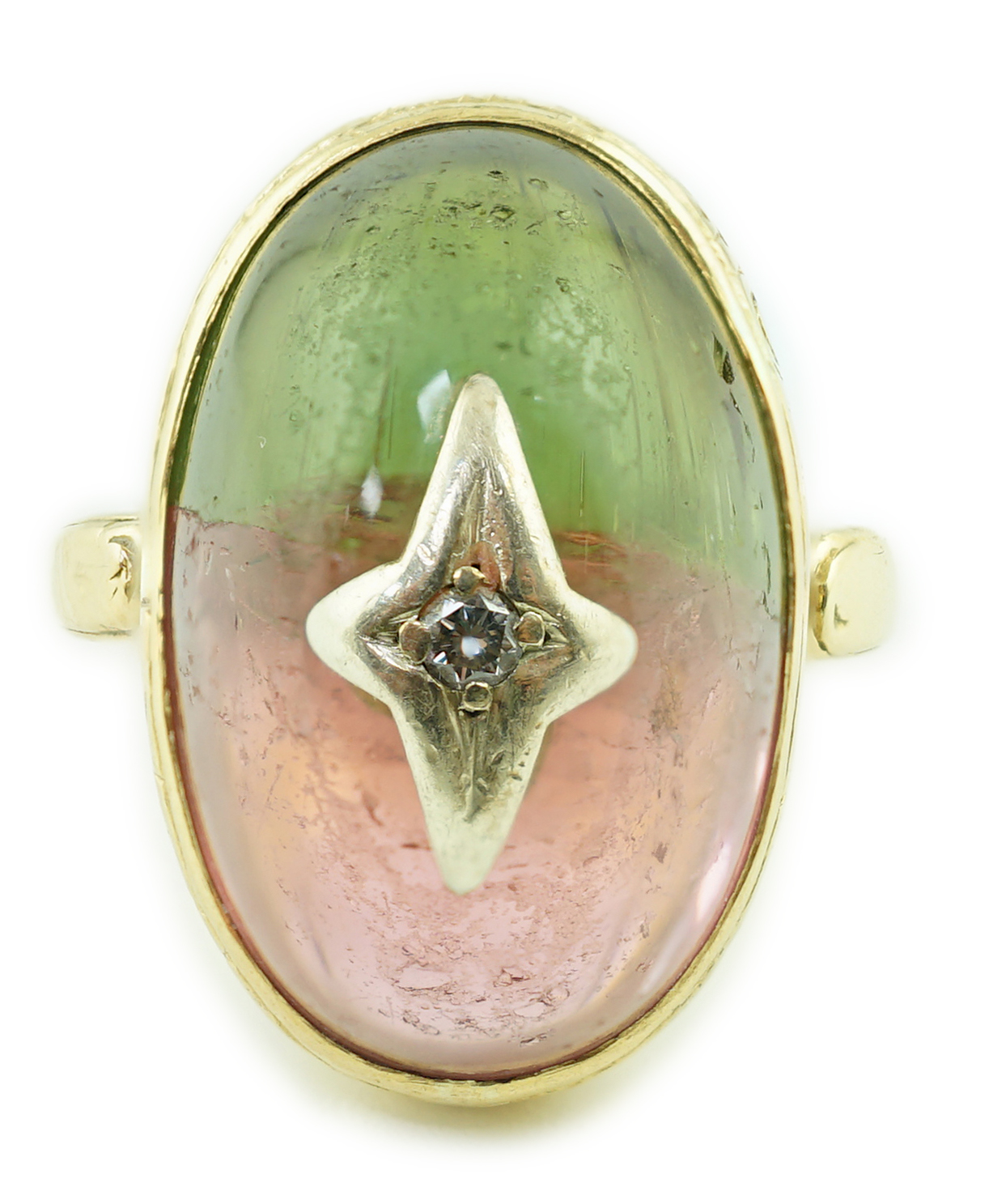 A Victorian 18ct gold and cabochon watermelon tourmaline set dress ring